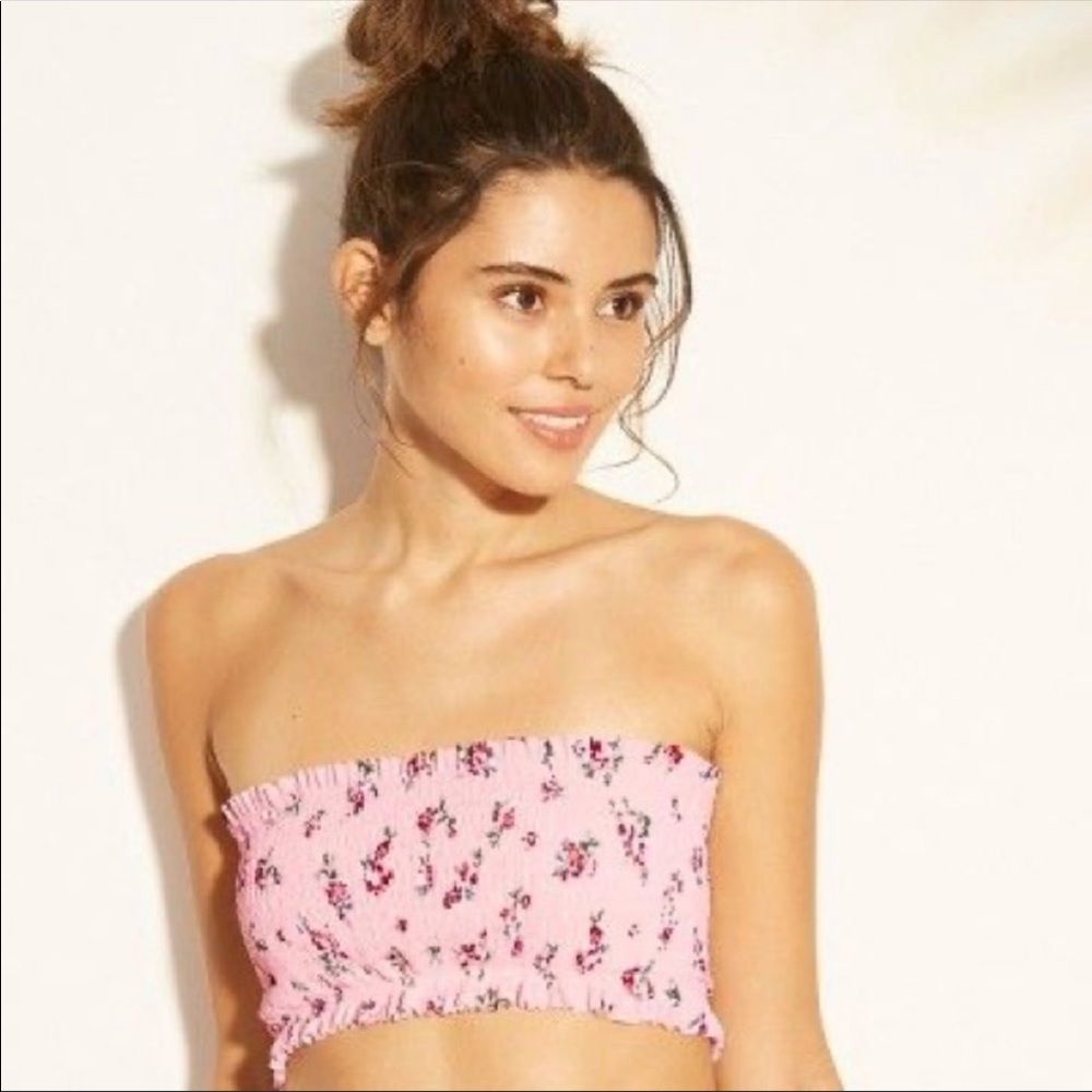 Xhilaration S Bottom XS Top Floral Smocked Strappy Bandeau Bikini Strapless - Picture 3 of 6